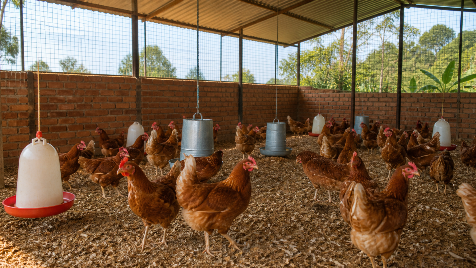 Illustration of brown laying hens in a clean, naturally ventilated poultry house